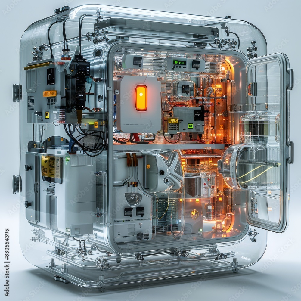 Poster a mechanic-style refrigerator made of transparent materials and wires on a white studio background. 