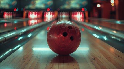 bowling ball and bowling pins in colourful bowling alley