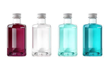 Chromatic Harmony: Three Bottles in Perfect Alignment on White or PNG Transparent Background.