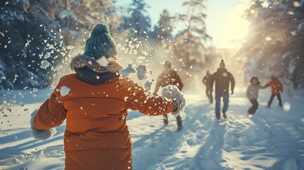 Obraz premium Group of friends having fun playing snowball fight in snowy winter forest.