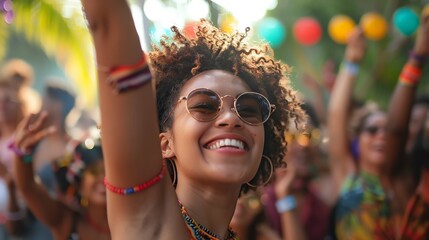 Smiling woman with curly hair at a music festival, hands raised in the air