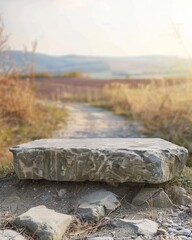 Obraz premium stone podium for product presentation, gravel village road background design poster art work banner advertising