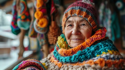 Smiling senior woman wearing colorful knitted hat, scarf, and gloves.