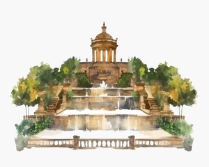 Fototapeta premium Park with shrubs, trees, buildings in Italy. Cascading waterfall. Isolated watercolor illustration on white background. 