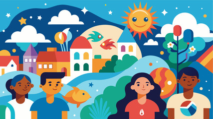 A community mural designed by local students depicting their dreams and aspirations for a brighter future.. Vector illustration