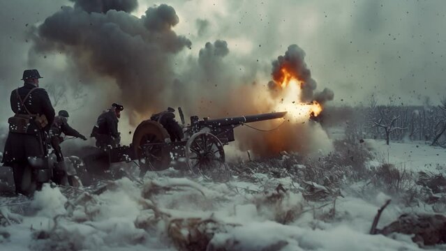 A historical reenactment captures soldiers in uniform, a firing cannon, and snow-covered ground