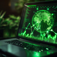 Green business concept illustrated with a green globe and a laptop showing a stock chart, emphasizing digital sustainability.