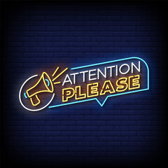 attention please neon Sign on brick wall background vector