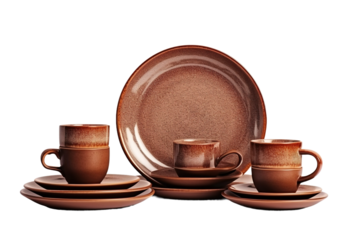 Elegant Earthy Tones: A Brown Dinner Set, Cup, and Saucer on White or PNG Transparent Background.