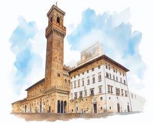 Fototapeta premium Palazzo Vecchio Florence landmark. Isolated watercolor illustration on white background