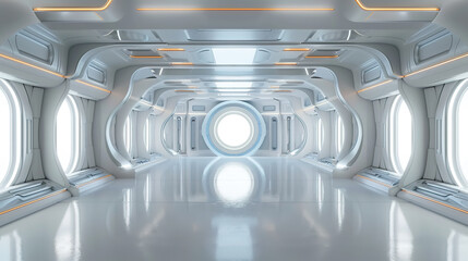 Future technology style white bright indoor building space with circular windows