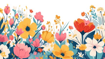 A vibrant 2d illustration of spring themed cartoon flowers stands out against a clean white background