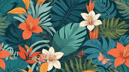 Seamless. Exotic ethnic flower forest pattern Hand-drawn cartoon style, contemporary image. Beautiful colors. Perfect for product backgrounds.