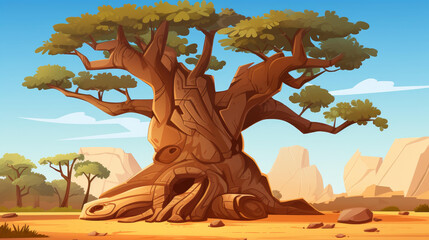Stunning baobab tree illustration with a thick trunk  gnarled branches, ideal for safari themes. Clean background.