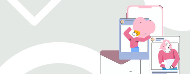 Virtual characters social communication concept business flat vector hand drawn illustration
