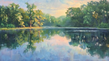 Trees reflection extends on the lake s serene surface softly glimmering in the evening sunlight of a summer day evoking peace and tranquility