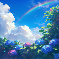 Rainbow and blue hydrangeas on a sunny day during the rainy season - 雨季の晴れた日に虹と青いアジサイ