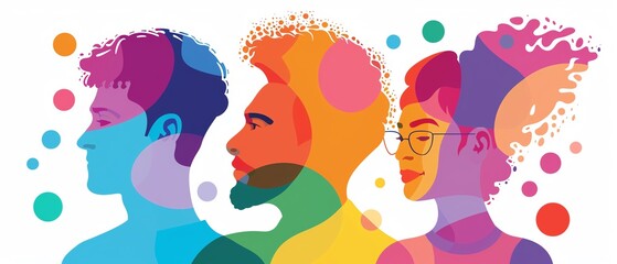 Pride Day themed rainbow and pride flag vector graphic diverse gay men and women flat design simple shapes two colors white background cartoon drawing vivid