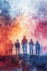 Watercolor painting of six soldiers standing together against a vibrant, abstract background symbolizing unity and courage.