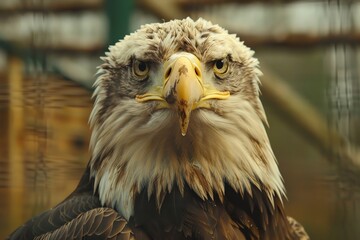 Close-up photograph of a majestic bald eagle with sharp eyes and detailed feathers, symbolizing strength and freedom.
