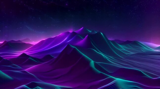 Abstract wireframe landscape with glowing blue lines and green peaks on black background.