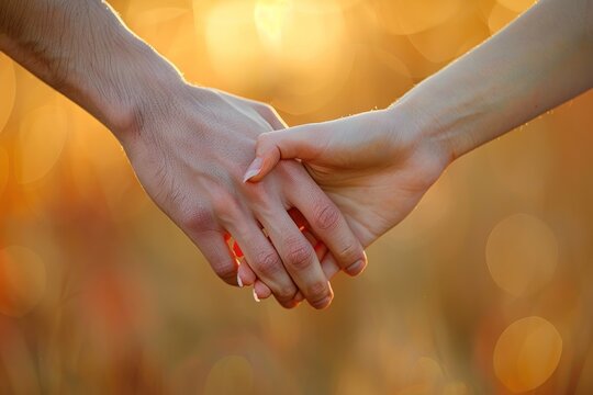 A close-up of a teenage couple holding hands, their fingers intertwined. The focus is on their hands, with the background softly blurred to highlight the intimacy of the gesture. The natural lighting
