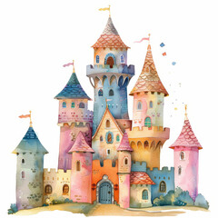 Beautifully illustrated colorful fairytale castle with multiple towers and flags, perfect for children's book or fantasy artwork.