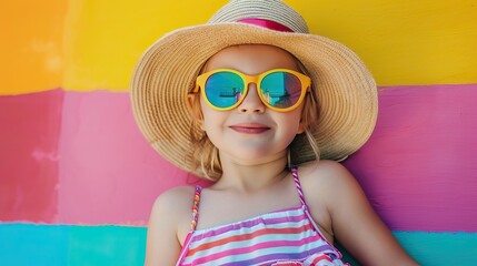 Smiling girl in straw hat and sunglasses with colorful background