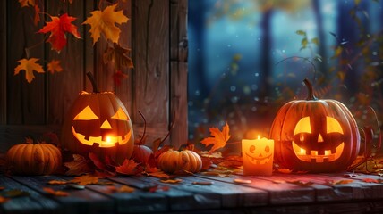 bright evening autumn background with Halloween pumpkins, candles and yellow fallen leaves on the porch of a wooden house