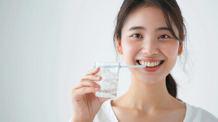 beautiful Japanese woman brushing her teeth, smiling at the camera, holding a glass of water in one hand, white background, high resolution photography, stock photo, in the style - Powered by Adobe
