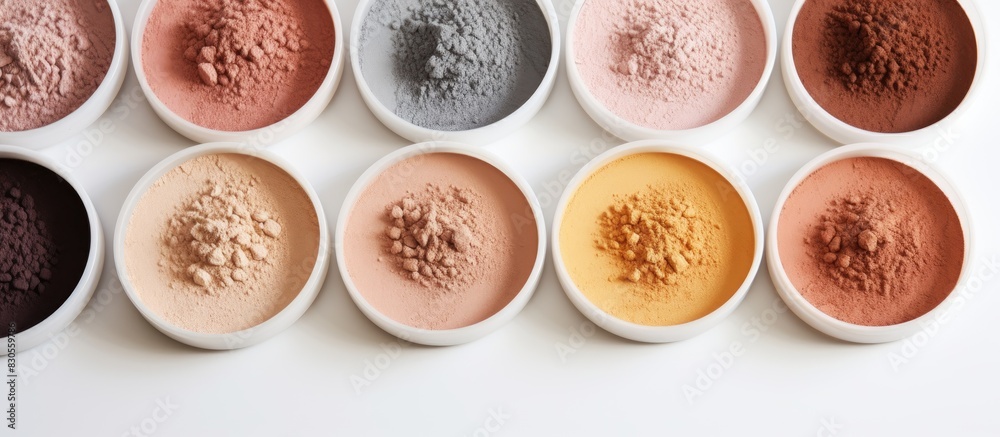 Poster various types of cosmetic clays arranged on a white wooden table with copy space image