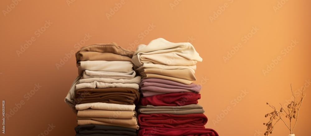 Poster a contemporary iron and a stack of freshly laundered garments placed on a surface adjacent to a beig