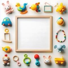 Fototapeta premium AI Generate of A Kid Toys, Toys with White Blank Frame in Middle for Copy Text. Top View. Flat Lay.White Background.