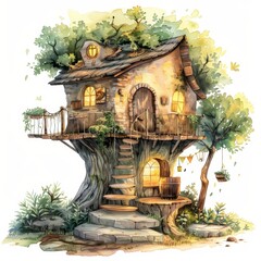 Fototapeta premium Charming treehouse nestled in a lush tree with a rustic design, featuring glowing windows, a wooden ladder, and surrounding greenery.