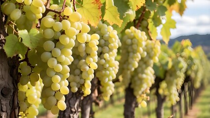 A cluster of ripe white grapes hangs elegantly in a vineyard, symbolizing abundance and nature's fruition