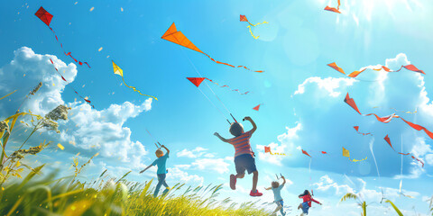  A children flying kites on a windy day, their colorful kites soaring high against the blue sky as they run and laugh