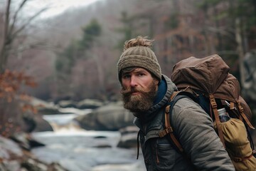 Obraz premium Man with a beard hiking, Rugged, Natural Light, Photorealistic