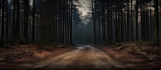 Moody copy space image of a forest road with tire marks leading deeper into the woods on an early spring evening - Powered by Adobe