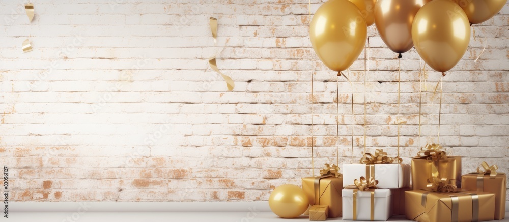 Wall mural table with balloons and gifts placed against a white brick wall providing copy space image