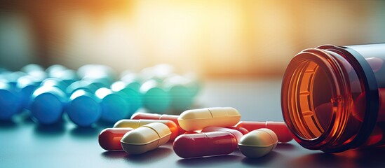 A close up image of medicines in the form of capsules and tablets along with a stethoscope Copy space image - Powered by Adobe