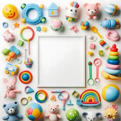 AI Generate of A Kid Toys, Toys with White Blank Frame in Middle for Copy Text. Top View. Flat Lay.White Background.