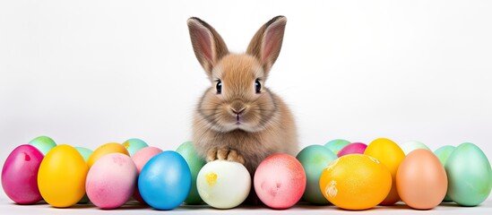 The cutest Easter bunny with Easter eggs on a white background creating a perfect copy space image - Powered by Adobe