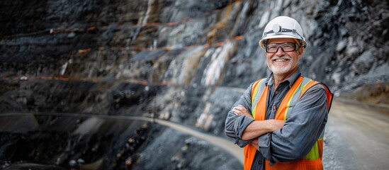 A Distinguished Caucasian Male Engineer Smiling With Arms Crossed, Open-Pit Mine Environment, Risk Mitigation Concept, PPE, Copy Space.
