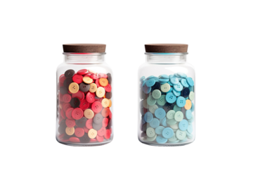 Rainbow Treasures: Two Glass Jars Filled With Different Colored Buttons on White or PNG Transparent Background.