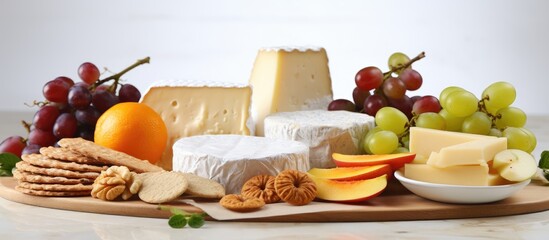 An arrangement of assorted soft cheeses accompanied by crisp crackers and a variety of fresh fruits all displayed in a copy space image