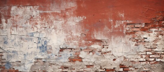 A worn out brick wall with a shabby red grunge background and damaged plaster Perfect for an abstract web banner with enough copy space