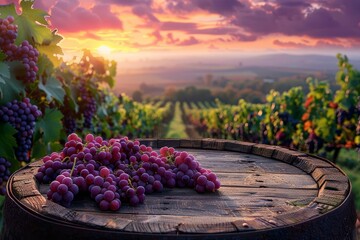 A luxurious product platform with grapes and a vineyard landscape at sunset