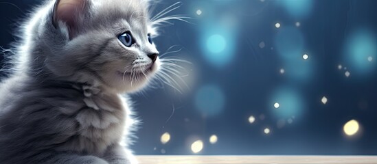 A small gray kitten sitting against a backdrop of twinkling lights gently licks its nose creating a perfect copy space image