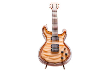 Naklejka premium Vintage electric guitar illustration, brown woodgrain string instrument, classic rock music icon for posters and branding isolated on Transparent Background