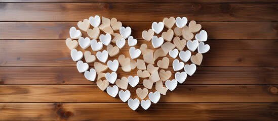 A heart shaped design made with coffee cups placed on a wooden table with empty space for further images. Creative banner. Copyspace image